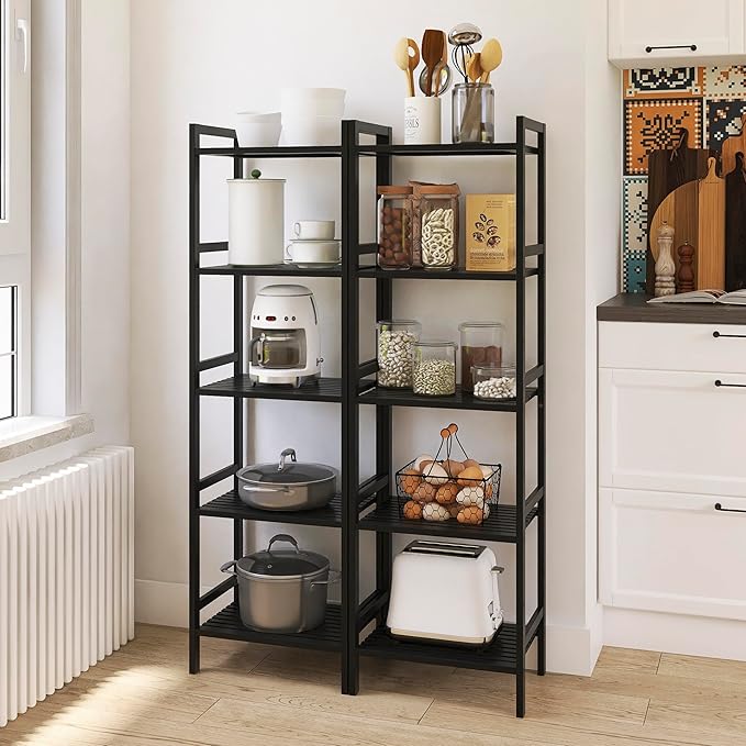 5 Tier Narrow Bookshelf, Bamboo Bookcase, Slim Tall Storage Rack Free Standing Shelving Unit with Adjustable Shelves for Living Room Bedroom Bathroom, Black - LeafyLoom
