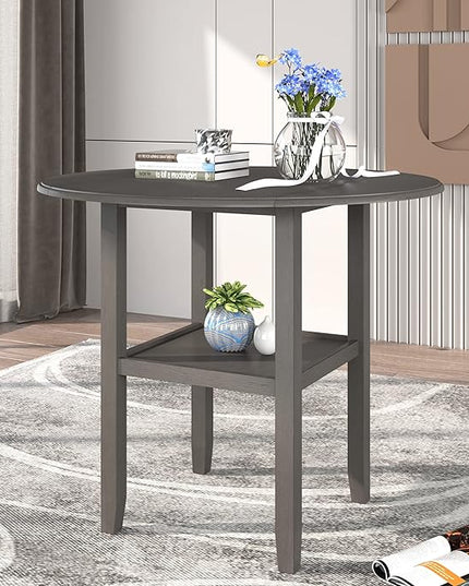 Dining Room Table Set, Wood Round Counter Height Kitchen Table Set with Drop Leaf Table, One Shelf and 2 Cross Back Padded Chairs, 3 Piece Dining Table Set for Small Places, Grey - LeafyLoom