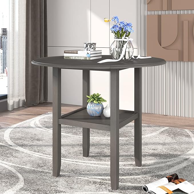 Dining Room Table Set, Wood Round Counter Height Kitchen Table Set with Drop Leaf Table, One Shelf and 2 Cross Back Padded Chairs, 3 Piece Dining Table Set for Small Places, Grey - LeafyLoom