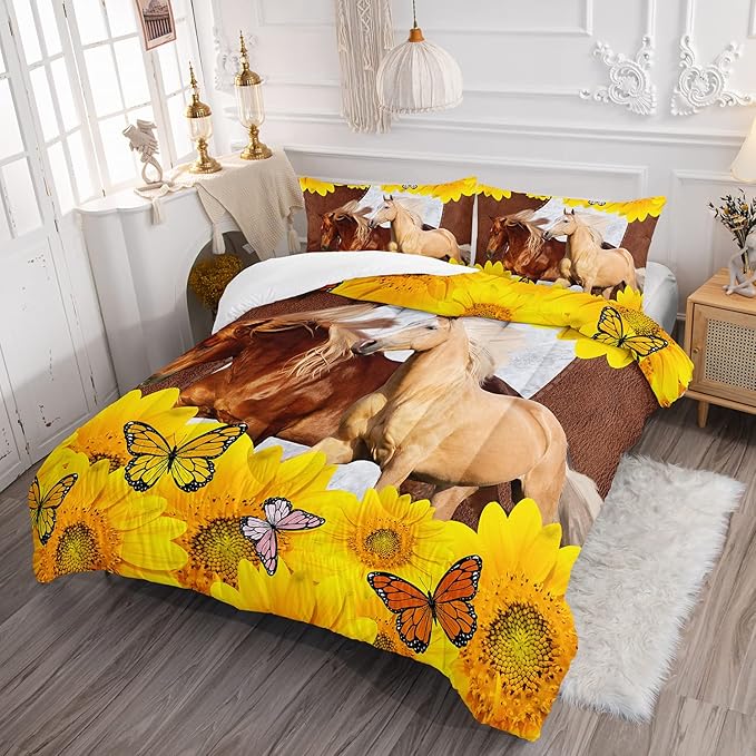 Kid Galloping Horse Comforter Sunflower Butterfly Cowhide Horse Bedding Set for Boys Girls Adult, 1 Comforter + 2 Pillowcases - LeafyLoom