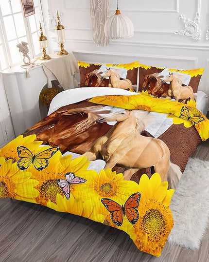 Kid Galloping Horse Comforter Sunflower Butterfly Cowhide Horse Bedding Set for Boys Girls Adult, 1 Comforter + 2 Pillowcases - LeafyLoom