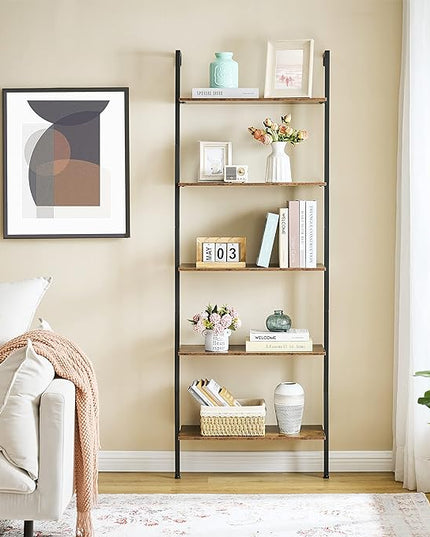 Tajsoon Large Bookcase, Industrial Ladder Shelf, 5 Tier Wood Wall Mounted with Metal Frame, Open Display Storage Shelves for Home, Office, Collection, Plant Flower, Rustic Brown & Black, 25.2''W - LeafyLoom