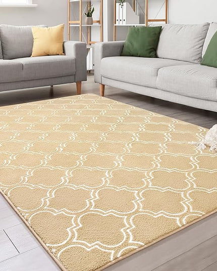 Chicrug Shag Geometric Modern Area Rug for Living Room, 5x7 Feet Large Memory Foam Indoor Carpet, Fluffy Rug for Bedroom Bedside Room Decor for Family Girls Kids Nursery, Beige/White - LeafyLoom