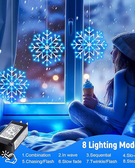 Christmas Snowflake Icicle Lights Outdoor - Plug-in 23.6ft 10 Drops 480LED Snowflake Window Lights, Connectable for Indoor Outdoor Porch Eaves Rooftops Canopy Christmas Decoration, Blue and White Brightown