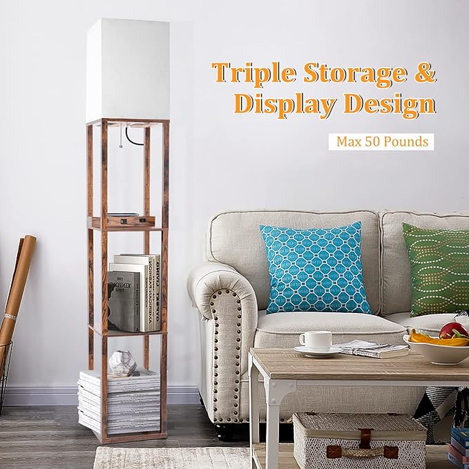 Dott Arts Floor Lamp with Shelves, Shelf Lamp with Wireless Charger & USB A+C Ports & 2 AC Outlets,3 Color Temperature Corner Tall Standing Floor Lamps for Living Room, Bedroom, Office (Brown) - LeafyLoom