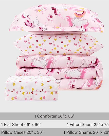 Twin Unicorn Kids Bedding Set for Girls, 5 Pieces Super Soft Lightweight Microfiber Comforter Set with Sheets, Bed in a Bag, Durable Children Bed Set - LeafyLoom