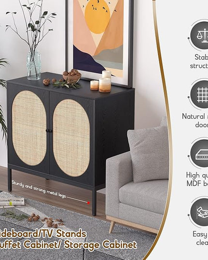 XIAO WEI Buffet Sideboard with Handmade Natural Rattan Woven Doors, Buffet Cabinet Accent Cabinet Rattan Cabinet, Sideboard Cabinet, for Kitchen Living Room Living Room Entryway, Black,Oval Doors - LeafyLoom