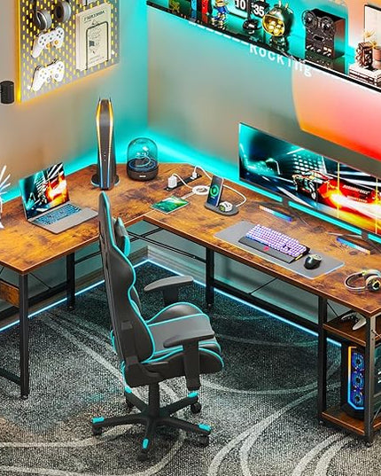 Coleshome L Shaped Computer Desk 66" with Power Outlet & Storage Shelves, Corner Sturdy Writing Desk Workstation, Modern Wooden Office Gaming Desk, Wood & Metal, Vintage - LeafyLoom