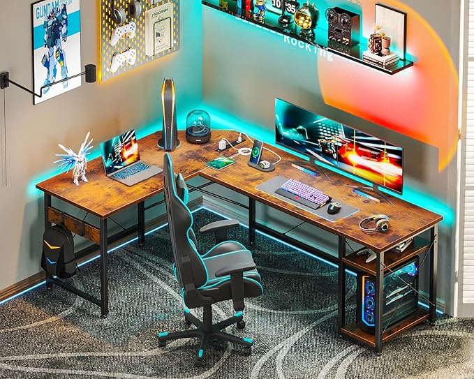 Coleshome L Shaped Computer Desk 66" with Power Outlet & Storage Shelves, Corner Sturdy Writing Desk Workstation, Modern Wooden Office Gaming Desk, Wood & Metal, Vintage - LeafyLoom
