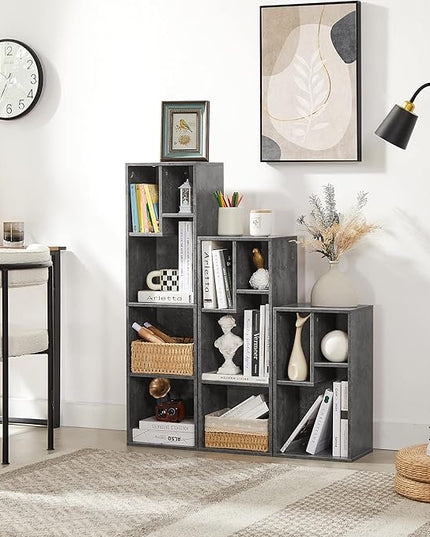 VECELO 3-Cube Open Bookcase, Small Bookshelf with Height Difference Shelves for Most Books, Horizontal Available, 2-Tier Storage Organizer for Home Office, Living Room, Grey - LeafyLoom