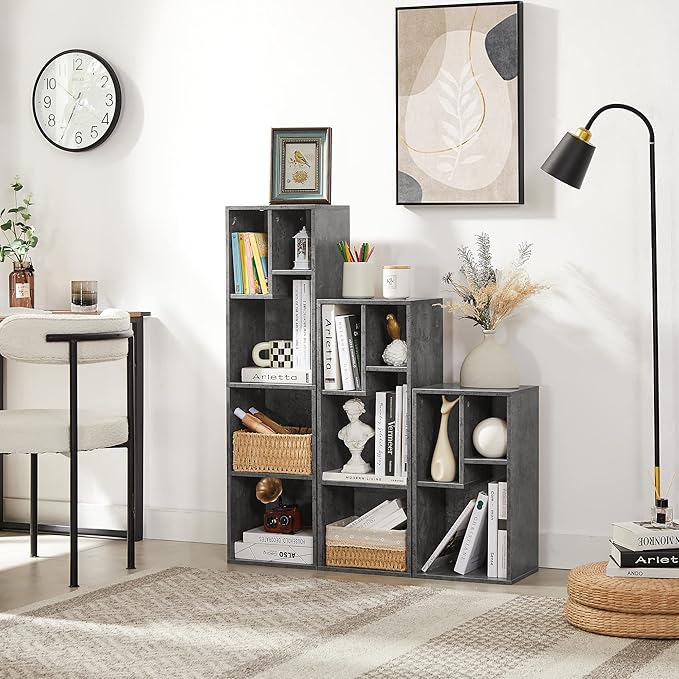VECELO Small Bookshelf, 4 Cube Slim Bookcase, Fits Tallest Hardcovers, Horizontal Available, Modern Floor Standing Unit, Each Shelf Hold Up to 66 LBS, Modern Gray - LeafyLoom