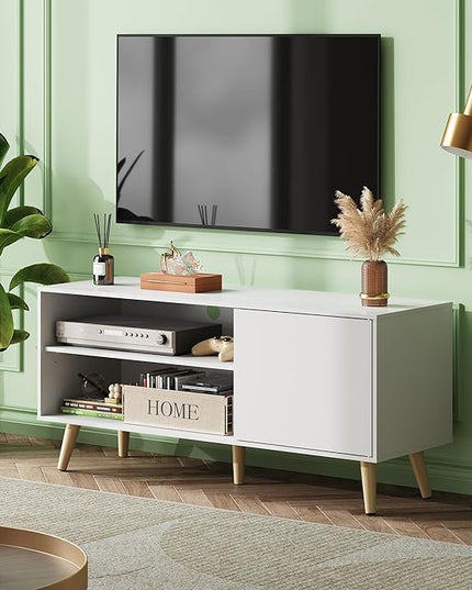 WLIVE Mid-Century Modern TV Stand for 55" TV, Entertainment Center with Storage, Open Shelves TV Console for Living Room and Bedroom, White - LeafyLoom