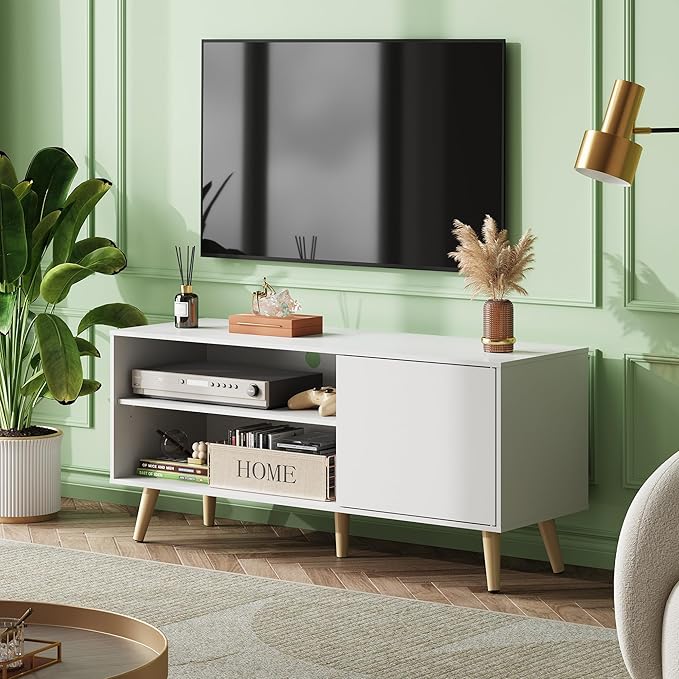 WLIVE Mid-Century Modern TV Stand for 55" TV, Entertainment Center with Storage, Open Shelves TV Console for Living Room and Bedroom, White - LeafyLoom