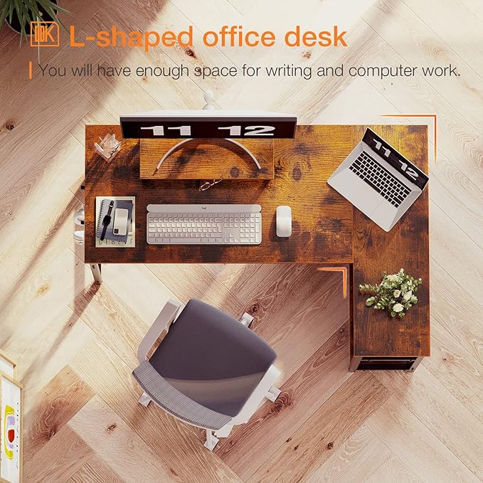 ODK L Shaped Computer Desk with Storage Shelves, 47 inch L-Shaped Corner Desk with Monitor Stand for Small Space, Modern Simple Writing Study Table for Home Office, Rustic Brown - LeafyLoom