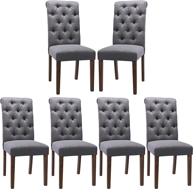 COLAMY Button Tufted Diner Chair Set of 6, Upholstered Stylish Fabric Accent Parsons Chairs with Solid Wood Legs and Padded Seat for Dining Room, Kitchen - Grey - LeafyLoom