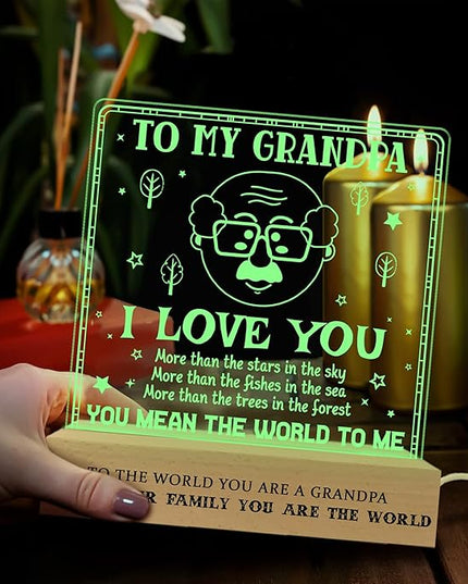 Grandpa Gifts from Grandchildren, to My Grandpa Night Light, Fathers Day Birthday Christmas Gifts for Grandfather, Lamp with Wooden Base for Men, Gifts Bedroom Décor - LeafyLoom