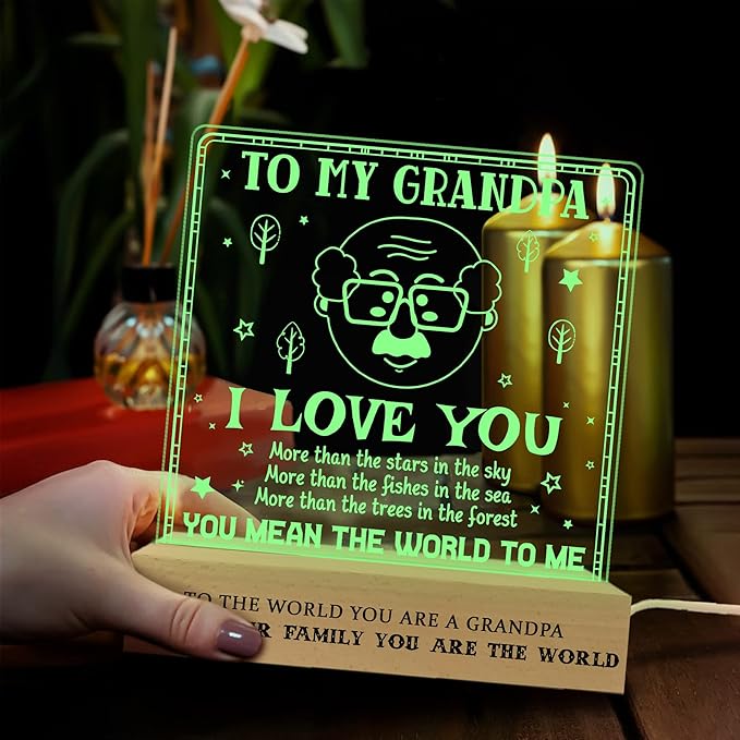Grandpa Gifts from Grandchildren, to My Grandpa Night Light, Fathers Day Birthday Christmas Gifts for Grandfather, Lamp with Wooden Base for Men, Gifts Bedroom Décor - LeafyLoom