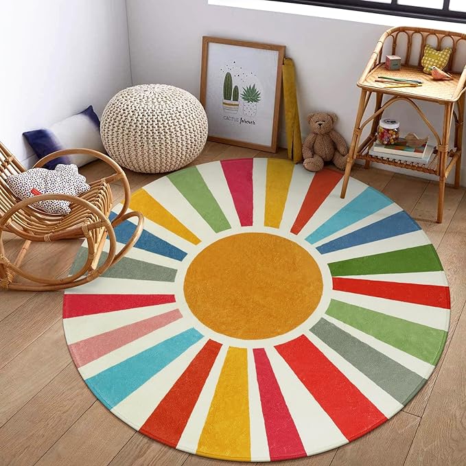 Round Boho Rug 6 Ft Washable Round Area Rug for Playroom, Sunshine Circle Rug for Kids Room, Non-Slip Circluar Rainbow Carpet Soft Large Kids Rug for Classroom Dorm Bedroom - LeafyLoom