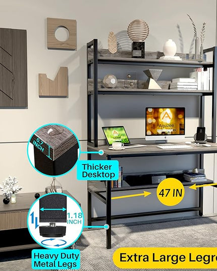 Aquzee Desk with Hutch Bookshelves, Computer Desk with 3 Tiers Storage Shelves, Space Saving Design Black Metal Legs Desk with Grey Board, Easy Assemble - LeafyLoom
