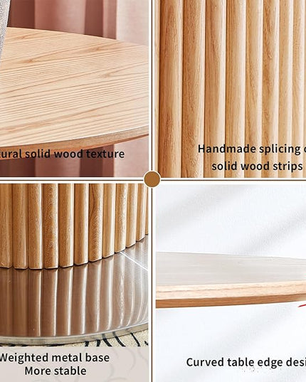 Round Wood Dining Table，Wooden Trestle Pedestal Base on Stainless Steel Plate，Small Space Kitchen Table，34.25" Modern Circular Tabletop for Kitchen, Dining Room, Restaurant，Cafe (Natural) - LeafyLoom