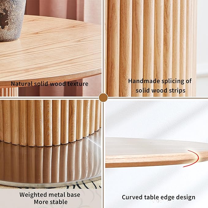 Round Wood Dining Table，Wooden Trestle Pedestal Base on Stainless Steel Plate，Small Space Kitchen Table，34.25" Modern Circular Tabletop for Kitchen, Dining Room, Restaurant，Cafe (Natural) - LeafyLoom