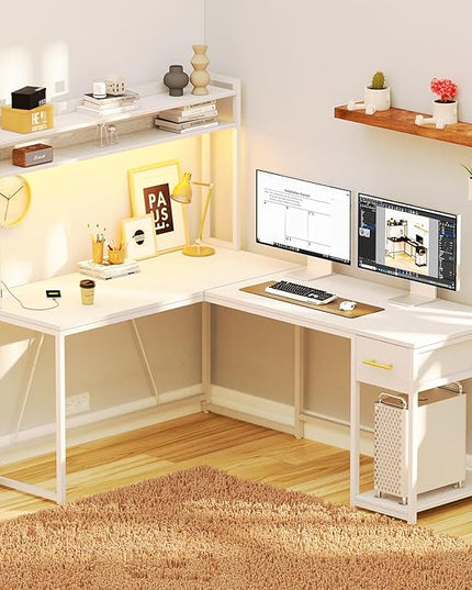 L Shaped Gaming Desk, Reversible L Shaped Computer Desk with Drawers, Led Lights & Power Outlets for Home Office White - LeafyLoom
