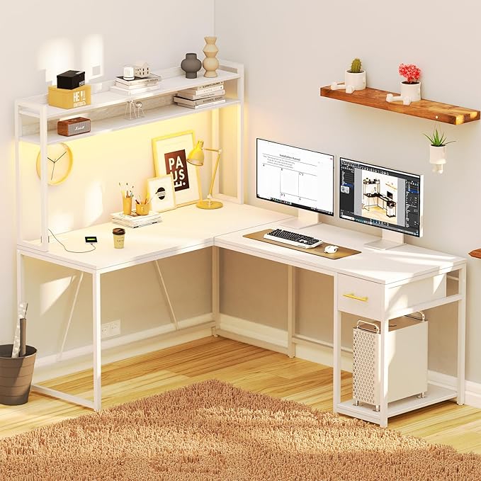 L Shaped Gaming Desk, Reversible L Shaped Computer Desk with Drawers, Led Lights & Power Outlets for Home Office White - LeafyLoom