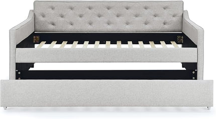 Full Size Daybed with win Size Trundle, Upholstered Tufted Day Bed, with Button Back and Waved Shape Arms, Wood Slat Support, No Spring Box Need, for Bedroom, Livingroom, Beige - LeafyLoom
