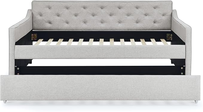Full Size Daybed with win Size Trundle, Upholstered Tufted Day Bed, with Button Back and Waved Shape Arms, Wood Slat Support, No Spring Box Need, for Bedroom, Livingroom, Beige - LeafyLoom