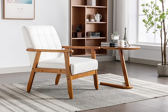 Mid-Century Accent, Modern Single Armchair, Upholstered Leisure Lounge Chair wth Solid Wood Armrest and Feet for Living Room, Bedroom, Office, Beige - LeafyLoom