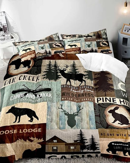 LUVIVIHOME 2PCS Black Bear Moose Deer Comforter Set, Twin Comforter, Pine Tree Woodland Rabbit Wolf Forest Animal Wildlife Hunting Cabin Lodge Vintage Country Rustic Farmhouse Bedding, 1 Pillow Sham - LeafyLoom