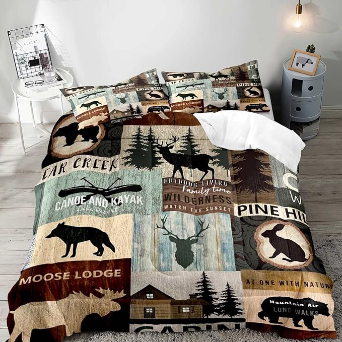 LUVIVIHOME 2PCS Black Bear Moose Deer Comforter Set, Twin Comforter, Pine Tree Woodland Rabbit Wolf Forest Animal Wildlife Hunting Cabin Lodge Vintage Country Rustic Farmhouse Bedding, 1 Pillow Sham - LeafyLoom
