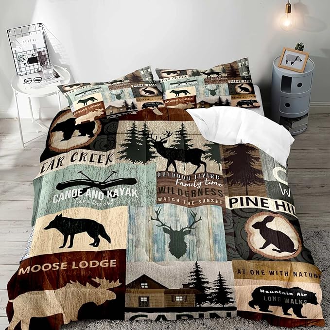 LUVIVIHOME 3PCS Black Bear Moose Deer Comforter Set, Full Size Comforter, Pine Tree Forest Animal Rabbit Elk Wolf Wildlife Hunting Cabin Lodge Vintage Country Rustic Farmhouse Bedding, 2 Pillow Shams - LeafyLoom