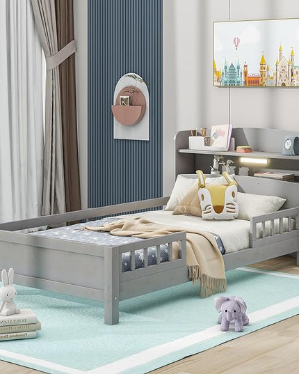 Twin Size Platform Bed with Built-in LED Light,Multi-functional Wood Beds Frame,w/ 2 Storage Shelves Headboard and Guardrail,for Apartment,Bedroom,Living Room,Antique Grey - LeafyLoom