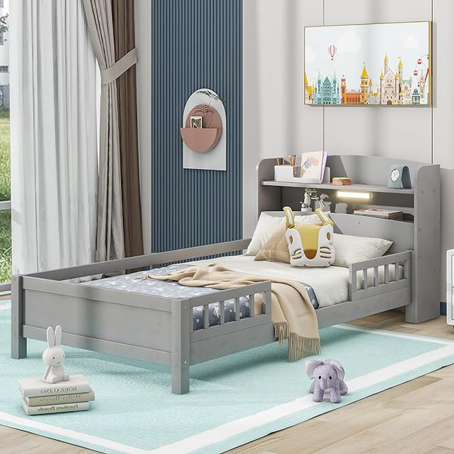 Twin Size Platform Bed with Built-in LED Light,Multi-functional Wood Beds Frame,w/ 2 Storage Shelves Headboard and Guardrail,for Apartment,Bedroom,Living Room,Antique Grey - LeafyLoom