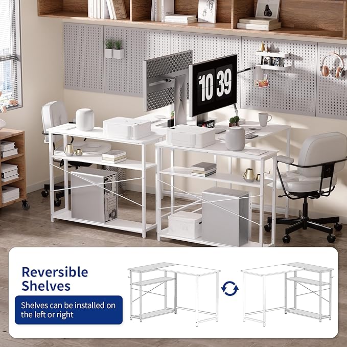 Pamray 43 Inch L Shaped Computer Desk with Reversible Side Storage Shelves, Small Corner Desk for Small Space Home Office,Writing Study Table PC Desk for Bedroom,White - LeafyLoom