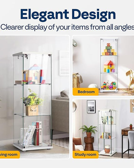VIVOHOME 3 Layers 15.7''W x 15.7''D x 47.2''H Glass Display Cabinet Countertop Showcase with Lock, 5mm Tempered Glass 25mm MDF Base - LeafyLoom