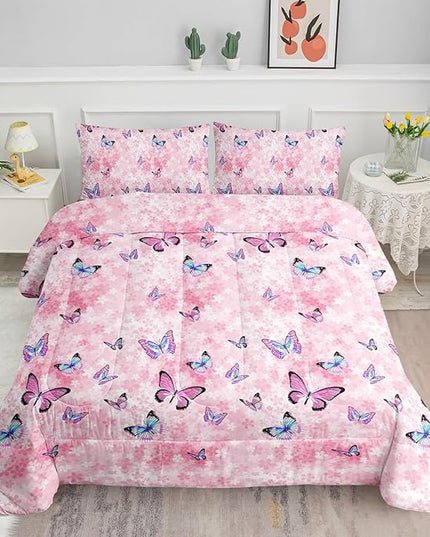 Datura home Kids Comforter Set Girls Pink Flower Butterfly Printed Pattern Quilt Bedding Set with 1 Comforter and 2 Pillowcases for Girls Bedroom All Season(Pink Flower Butterfly Twin 68x86inch) - LeafyLoom