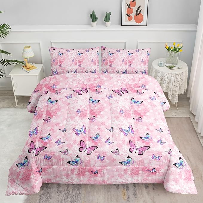 Datura home Kids Comforter Set Girls Pink Flower Butterfly Printed Pattern Quilt Bedding Set with 1 Comforter and 2 Pillowcases for Girls Bedroom All Season(Pink Flower Butterfly Twin 68x86inch) - LeafyLoom