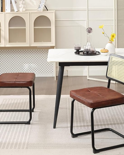 Rattan Dining Chairs Set of 2, Mid Century Modern PU Leather Dining Room Kitchen Chairs with Cane Back, Metal Chrome Legs, Upholstered Wicker Armless Accent Chairs, Brown - LeafyLoom