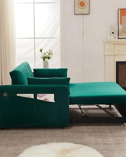 3 in 1 Multifunctional Pull Out Sofa Bed, Convertible Sleeper Couch Futon Loveseat with Reclining Backrest USB Ports and Side Pockets, Adjustable Chaise Lounge Pullout Sofabed for Living Room - LeafyLoom