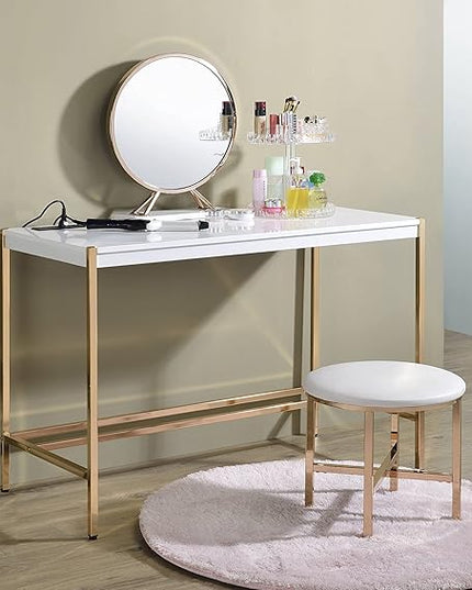 Acme Midriaks Wooden Top Writing Desk with USB Port in White and Gold - LeafyLoom