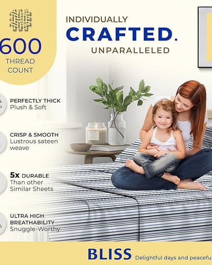 THREAD SPREAD 100% Egyptian Cotton Printed Bed Sheets - 600 Thread Count 4 PC King Sheet Set, Hotel Luxury Sateen Bedsheets, 16" Deep Pocket Soft Cooling Sheets for King Size Bed - Variegated Stripe - LeafyLoom