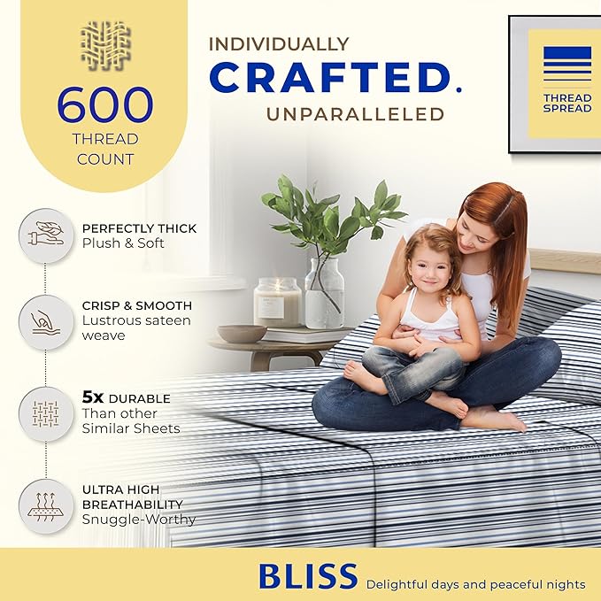 THREAD SPREAD 100% Egyptian Cotton Printed Bed Sheets - 600 Thread Count 4 PC King Sheet Set, Hotel Luxury Sateen Bedsheets, 16" Deep Pocket Soft Cooling Sheets for King Size Bed - Variegated Stripe - LeafyLoom