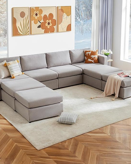 Sweetcrispy Convertible Modular Sectional Sofa, 8 Seat Sectional Couches for Living Room, U-Shaped Modern Fabric Modular Sofa Sleeper with Double Chaise for Home, Apartment, Dorm, Grey - LeafyLoom
