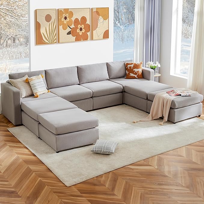 Sweetcrispy Convertible Modular Sectional Sofa, 8 Seat Sectional Couches for Living Room, U-Shaped Modern Fabric Modular Sofa Sleeper with Double Chaise for Home, Apartment, Dorm, Grey - LeafyLoom