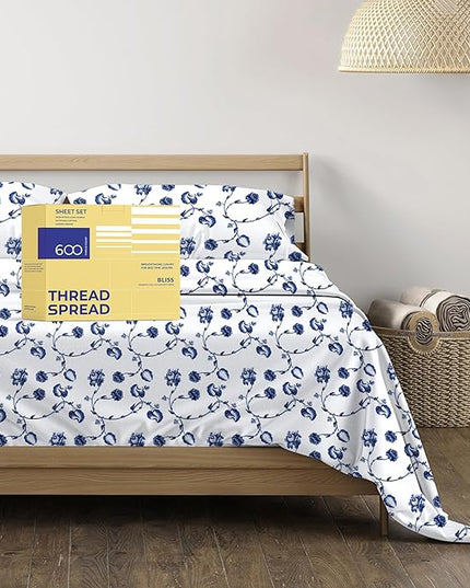 THREAD SPREAD 100% Egyptian Cotton Printed Bed Sheets - 600 Thread Count 4 PC Queen Sheet Set, Hotel Luxury Sateen Bedsheets, 16" Deep Pocket Soft Cooling Sheets for Queen Size Bed - Floral Blue - LeafyLoom