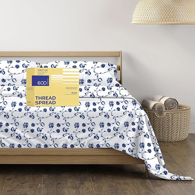 THREAD SPREAD 100% Egyptian Cotton Printed Bed Sheets - 600 Thread Count 4 PC Queen Sheet Set, Hotel Luxury Sateen Bedsheets, 16" Deep Pocket Soft Cooling Sheets for Queen Size Bed - Floral Blue - LeafyLoom