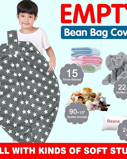 Lukeight Stuffed Animal Storage Bean Bag Chair Cover for Kids, Zipper Beanbag Chair Cover for Organizing Toddler & Kids' Rooms Plush Toys (Stars Gray Velvet, X-Large) - LeafyLoom