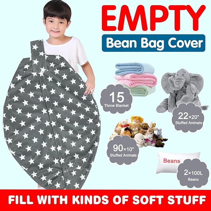 Lukeight Stuffed Animal Storage Bean Bag Chair Cover for Kids, Zipper Beanbag Chair Cover for Organizing Toddler & Kids' Rooms Plush Toys (Stars Gray Velvet, X-Large) - LeafyLoom